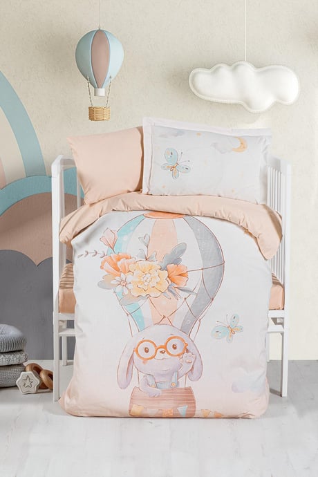 OEKO-TEX Sertifikalı, %100 Pamuk, Unisex, Uçan Tavşan,  Baskılı Bebek Nevresim Takımı