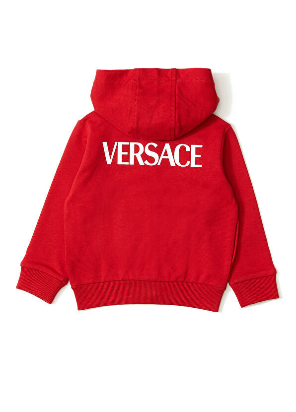 VERSACE marka lisanslı kırmızı ve beyaz kapüşonlu erkek çocuk hırkası – orijinal tasarım, 2 yaş için uygundur.